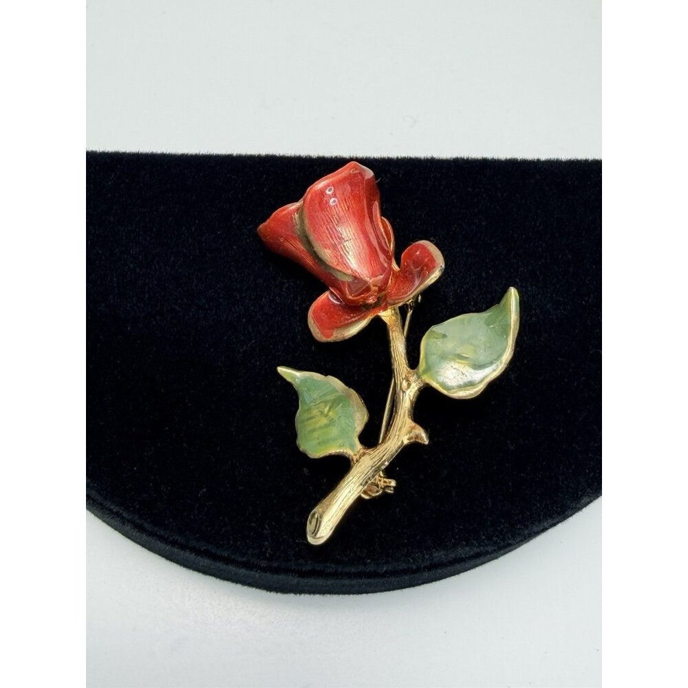 Kenneth Cole Rose Brooch Marked KC  2"x1" Red Green & Gold Pin Vintage